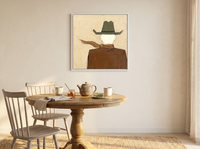 Cowboy from Behind Wall Art — Original Palette-Knife Oil, Olive & Caramel — original hand-painted oil shown on the wall in a styled room