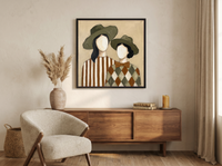 Two Ladies in Olive Hats Wall Art — Original Palette-Knife Oil, Olive & Cream — original hand-painted oil shown on the wall in a styled room