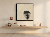 Woman Under a Black Umbrella Wall Art — Original Oil, Charcoal & Oxblood — original hand-painted oil shown on the wall in a styled room