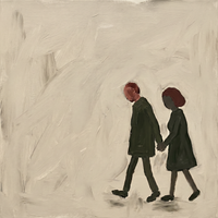 Original oil painting of a couple in dark coats walking hand in hand, oxblood and auburn heads, on a grey-cream ground