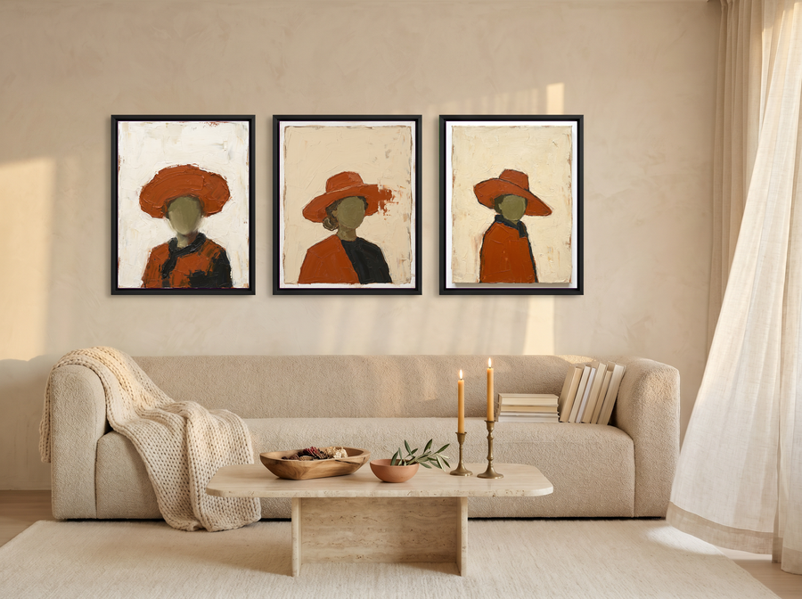 Three Women in Hats Triptych — 3 Original Oils, Burnt Orange