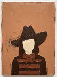 Heavy impasto oil portrait of a cowboy face-on under a near-black angular hat with a cream blank face and dark brown coat, on a terracotta ground.