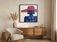 Lady in a Magenta Hat Wall Art — Original Palette-Knife Oil, Magenta & Cobalt — original hand-painted oil shown on the wall in a styled room