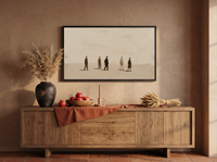 Five Walkers Wide Wall Art — Original Oil Landscape, Chocolate & Cream — original hand-painted oil shown on the wall in a styled room