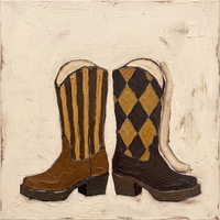 Original oil painting of a pair of brown cowboy boots, one with chocolate vertical stripes and one with a caramel and chocolate diamond harlequin, on a cream ground