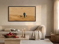 Father, Child and Dog Walking Wide Wall Art — Original Oil Landscape, Golden Ochre & Navy — original hand-painted oil shown on the wall in a styled room