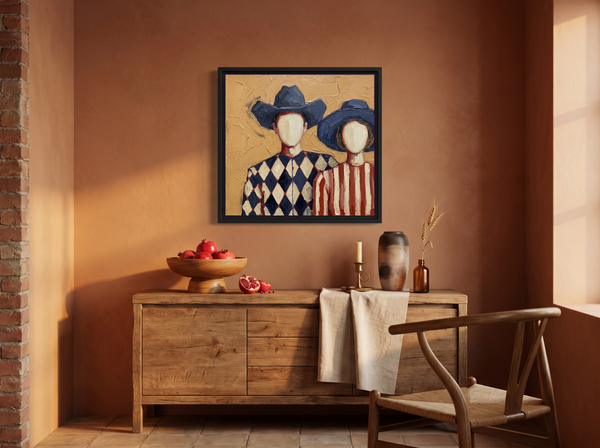 Cowboy & Cowgirl Wall Art — Original Palette-Knife Oil, Navy & Rust