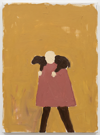 Oil painting of a father in a clay-rose coat walking hand in hand with a small child in a matching coat holding an olive sprig, on a mustard-gold ground.