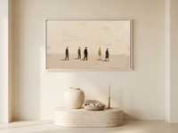 Five Walkers Wide Wall Art — Original Oil Landscape, Chocolate & Cream — original hand-painted oil shown on the wall in a styled room