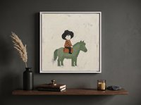 Child on a Pony Wall Art — Original Palette-Knife Oil, Sage & Terracotta — original hand-painted oil shown on the wall in a styled room