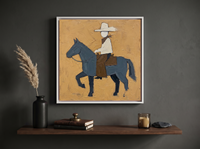 Cowboy on Horseback Wall Art — Original Palette-Knife Oil, Slate & Ochre — original hand-painted oil shown on the wall in a styled room