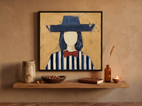 Lady in an Angular Navy Hat Wall Art — Original Palette-Knife Oil, Navy & Red — original hand-painted oil shown on the wall in a styled room