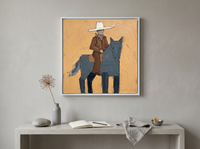 Cowgirl on Horseback Wall Art — Original Palette-Knife Oil, Slate & Ochre — original hand-painted oil shown on the wall in a styled room