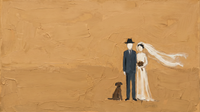 Original wide oil painting of a groom in a navy suit and dark hat beside a bride in a cream gown with a white trailing veil and a dark dog, set right of a wide golden-ochre field