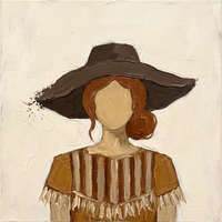 Oil painting of a woman in a wide chocolate-brown hat with a wheat-tan oval face, holding a cluster of cream blooms against a caramel bodice, on a cream ground.