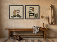 Cowboy Boots & Hat — Set of 2 Original Oils, Olive & Sienna — original hand-painted oil shown on the wall in a styled room