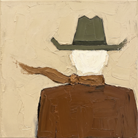 Original oil painting of a cowboy from behind in an olive-green hat with a caramel scarf flying to one side, over a solid chestnut-brown coat, on a sand-cream ground