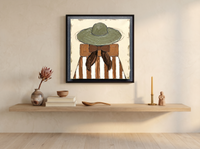 Lady in an Olive Hat Wall Art — Original Palette-Knife Oil, Olive & Rust — original hand-painted oil shown on the wall in a styled room