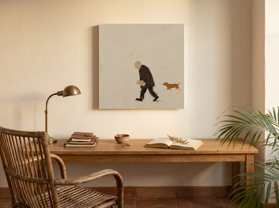 Man Walking His Dachshund Wall Art — Original Oil, Brown & Cream