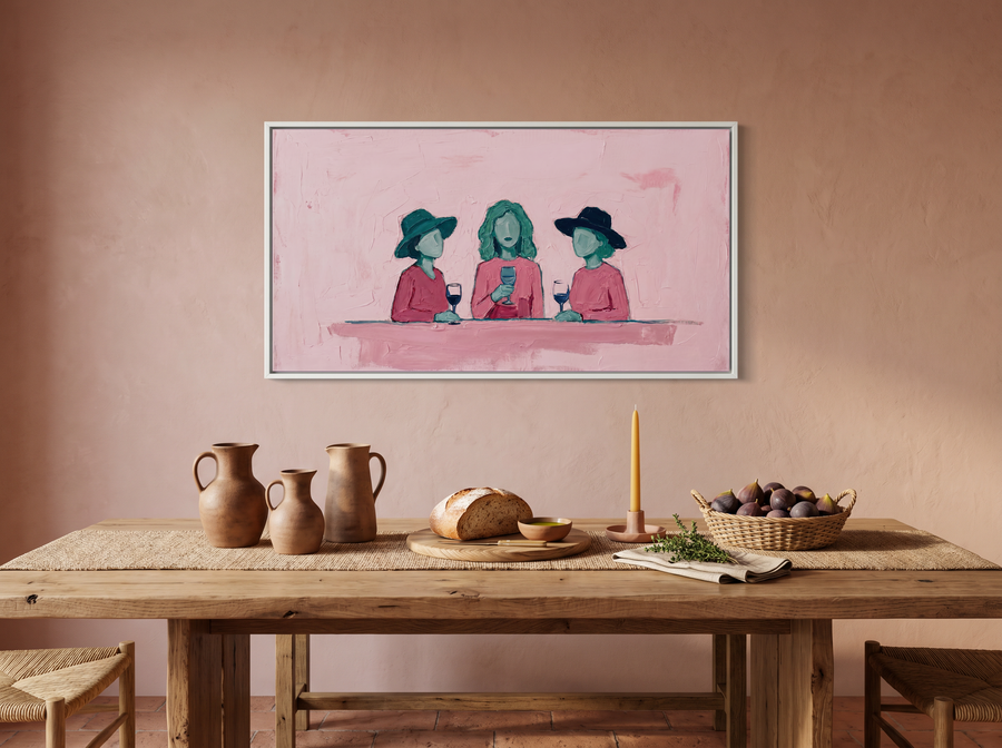 Three Women with Wine Wide Wall Art — Original Palette-Knife Oil, Pink & Emerald