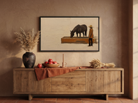 Cowgirl and Horse at the Trough Wide Wall Art — Original Palette-Knife Oil, Chocolate & Rust — original hand-painted oil shown on the wall in a styled room