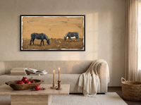 Two Grazing Horses Wide Wall Art — Original Palette-Knife Oil, Navy & Golden Ochre — original hand-painted oil shown on the wall in a styled room