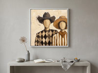 Cowboy & Cowgirl Wall Art — Original Palette-Knife Oil, Brown & Tan — original hand-painted oil shown on the wall in a styled room