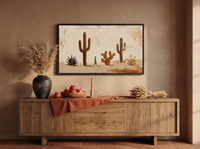 Desert Cacti Row Wide Wall Art — Original Palette-Knife Oil, Chocolate & Rust — original hand-painted oil shown on the wall in a styled room