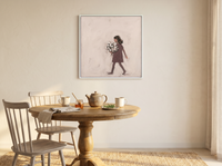 Girl with a Bouquet Wall Art — Original Palette-Knife Oil, Mauve & Cream — original hand-painted oil shown on the wall in a styled room