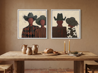Cowboy & Cowgirl, Front & Back — Set of 2 Original Oils, Olive & Oxblood — original hand-painted oil shown on the wall in a styled room