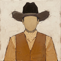Original oil painting of a faceless cowboy in a chocolate hat and caramel vest with a tan dotted bandana over a cream and tan striped shirt, on an ivory ground