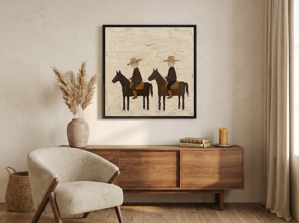 Two Riders on Horseback Wall Art — Original Palette-Knife Oil, Brown & Straw