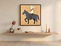 Cowboy on Horseback Wall Art — Original Palette-Knife Oil, Slate & Ochre — original hand-painted oil shown on the wall in a styled room