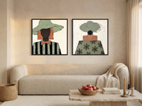Hatted Woman, Front and Back — Set of 2 Original Oils, Sage & Terracotta — original hand-painted oil shown on the wall in a styled room