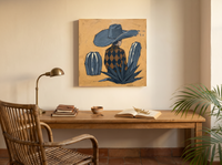 Cowboy in a Cactus Field Wall Art — Original Palette-Knife Oil, Navy & Ochre — original hand-painted oil shown on the wall in a styled room
