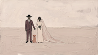 Original wide oil painting of a groom in a mauve suit and black hat, a bride in a cream gown with a long veil, and a small rose-brown dog, on a blush field