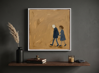 Couple Walking Hand in Hand Wall Art — Original Oil, Navy & Ochre — original hand-painted oil shown on the wall in a styled room