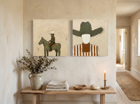 Rider & Cowboy — Set of 2 Original Oils, Olive & Sienna — original hand-painted oil shown on the wall in a styled room
