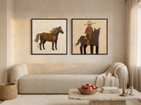 Standing Horse & Mounted Cowboy — Set of 2 Original Oils, Chocolate & Rust — original hand-painted oil shown on the wall in a styled room
