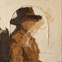Original textured oil painting of a rough cream plaster arch framing a chocolate-brown and sienna gestural mass with a pale sweeping highlight, heavy palette-knife impasto.