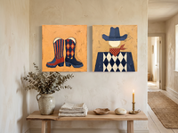 Cowboy Boots & Cowboy — Set of 2 Original Oils, Navy & Vermilion — original hand-painted oil shown on the wall in a styled room