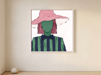 Lady in a Pink Hat Wall Art — Original Palette-Knife Oil, Pink & Navy — original hand-painted oil shown on the wall in a styled room