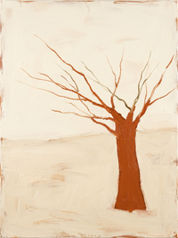 Oil painting of a leafless rust-orange tree with its trunk at the lower left and branches spreading right, a tiny dark figure in a wide-brimmed hat at its foot, on a misty cream sky.