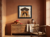 Lady in a Wide-Brim Hat Wall Art — Original Palette-Knife Oil, Chocolate & Rust — original hand-painted oil shown on the wall in a styled room