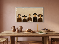 Row of Five Hatted Figures Wide Wall Art — Original Palette-Knife Oil, Chocolate & Cream — original hand-painted oil shown on the wall in a styled room