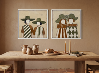Women in Wide-Brim Hats — Set of 2 Original Oils, Olive & Rust — original hand-painted oil shown on the wall in a styled room