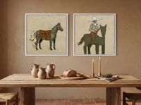 Standing Horse & Mounted Cowboy — Set of 2 Original Oils, Olive & Rust — original hand-painted oil shown on the wall in a styled room