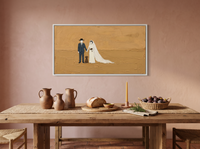 Wedding Couple and Dog Wide Wall Art — Original Palette-Knife Oil, Navy & Golden Ochre — original hand-painted oil shown on the wall in a styled room