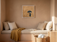 Woman Under an Umbrella Wall Art — Original Oil, Navy & Ochre — original hand-painted oil shown on the wall in a styled room