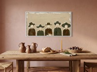 Row of Five Hatted Figures Wide Wall Art — Original Palette-Knife Oil, Olive & Brown — original hand-painted oil shown on the wall in a styled room